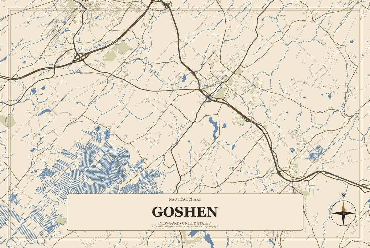 Goshen, New York City Map Aluminum Sign in Heritage Nautical style