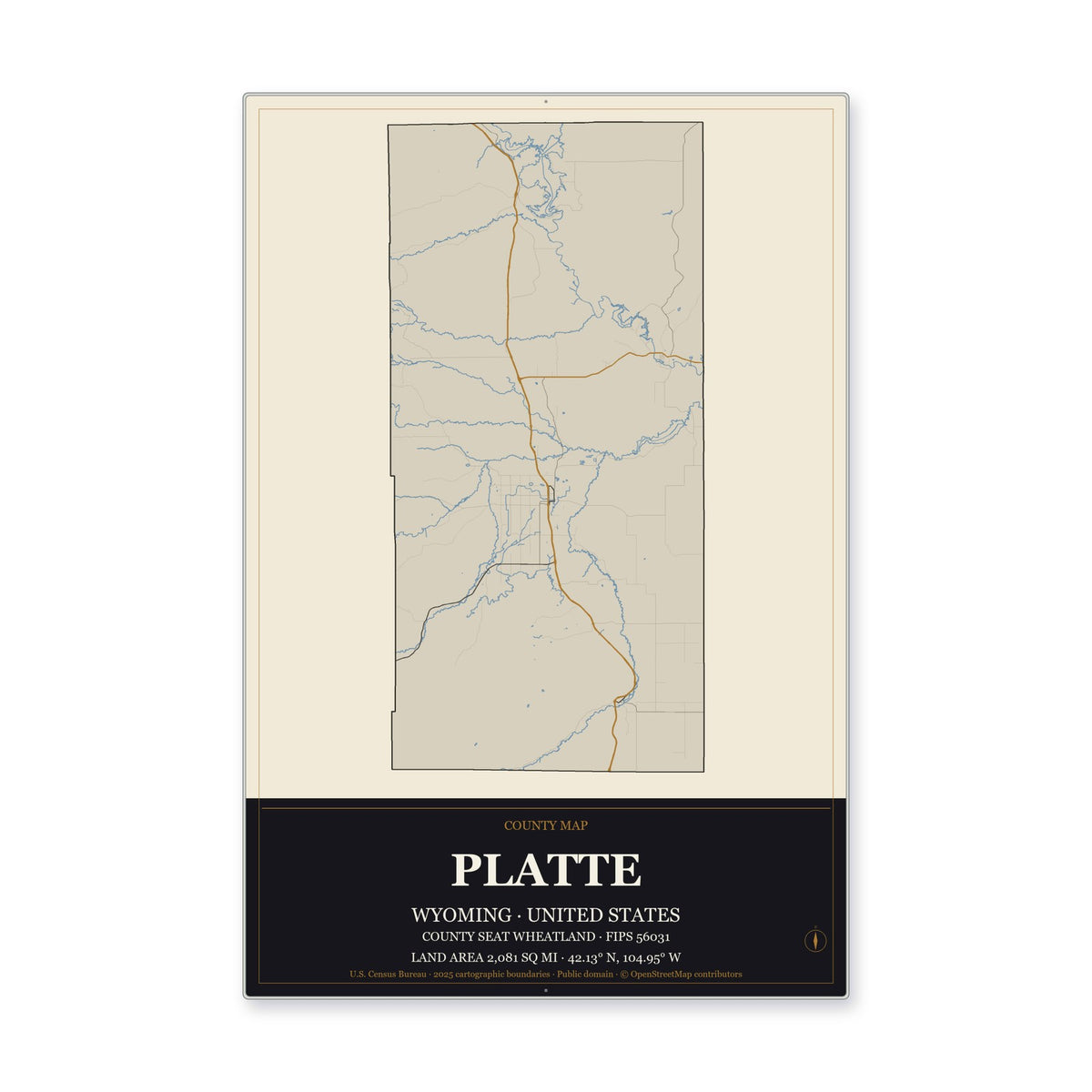 Platte County, Wyoming Map Aluminum Sign in Museum Plaque style