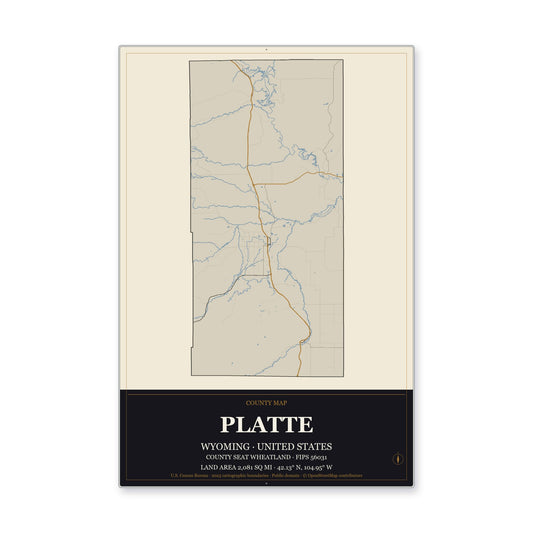Platte County, Wyoming Map Aluminum Sign in Museum Plaque style