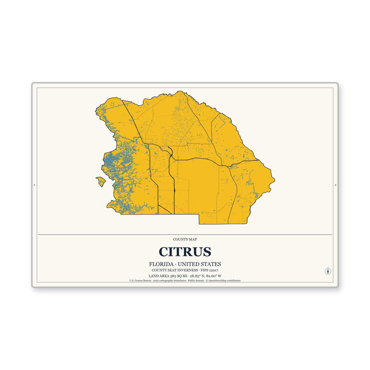 Citrus County, Florida Map Aluminum Sign in Citrine Modern style