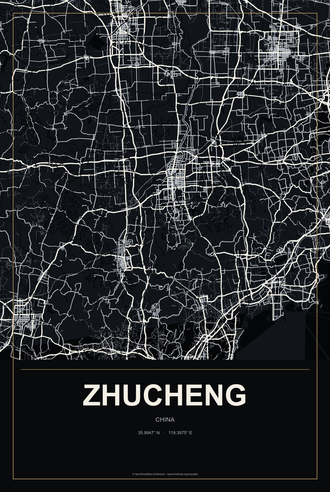 Zhucheng, China City Map Aluminum Sign in Metropolitan Noir style