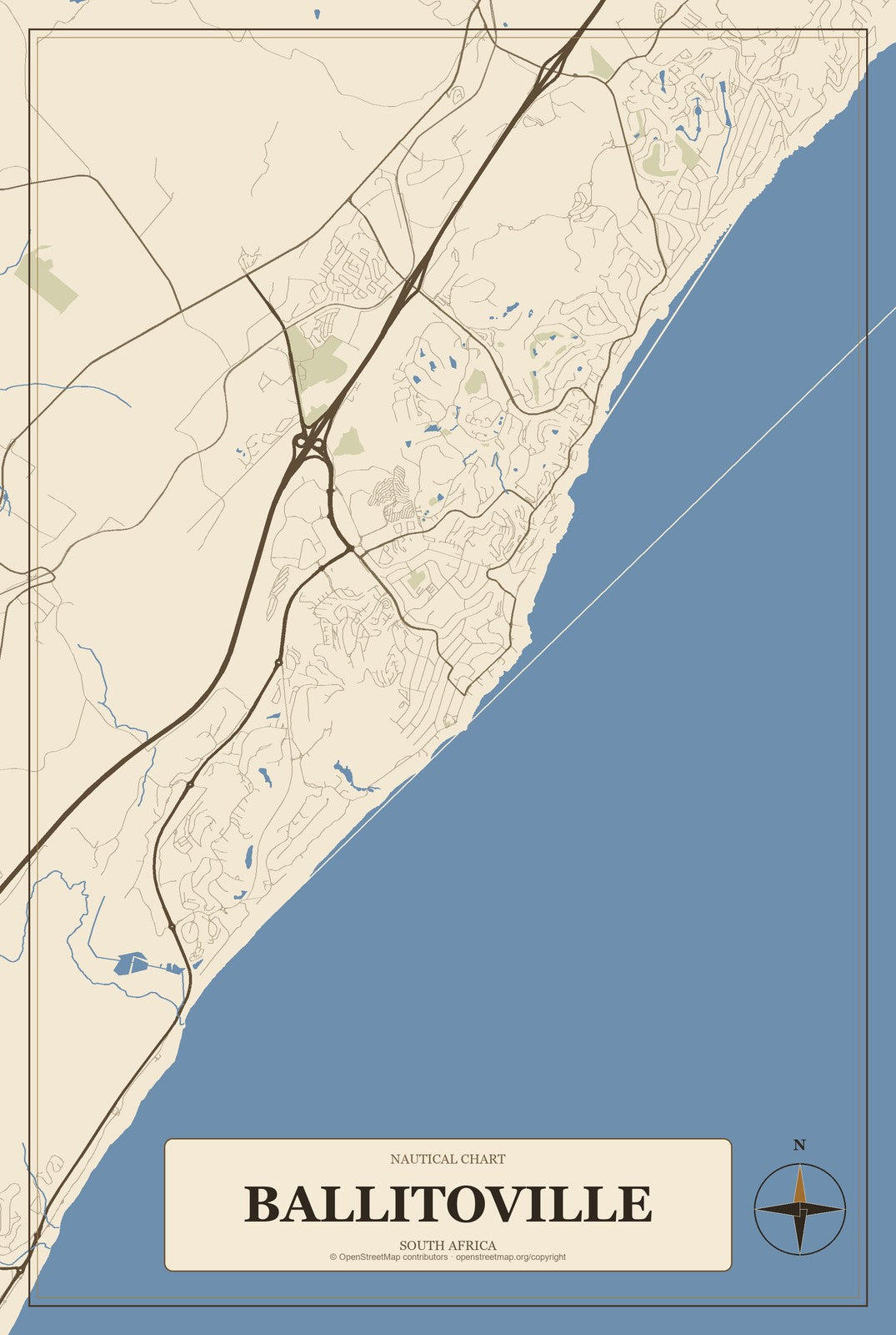 Ballitoville, South Africa City Map Aluminum Sign in Heritage Nautical style
