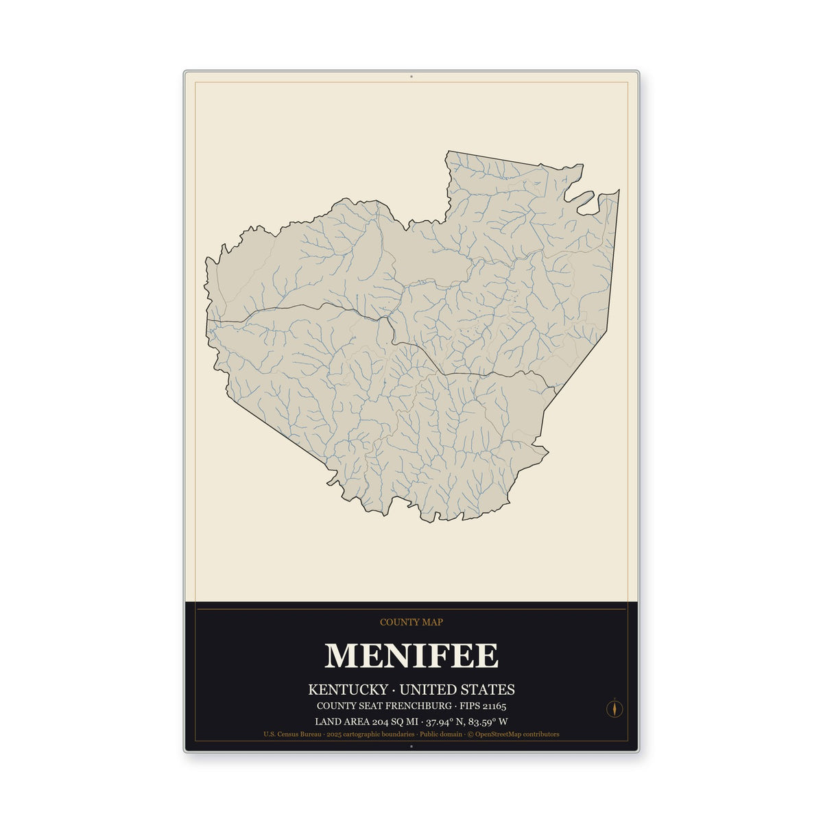 Menifee County, Kentucky Map Aluminum Sign in Museum Plaque style
