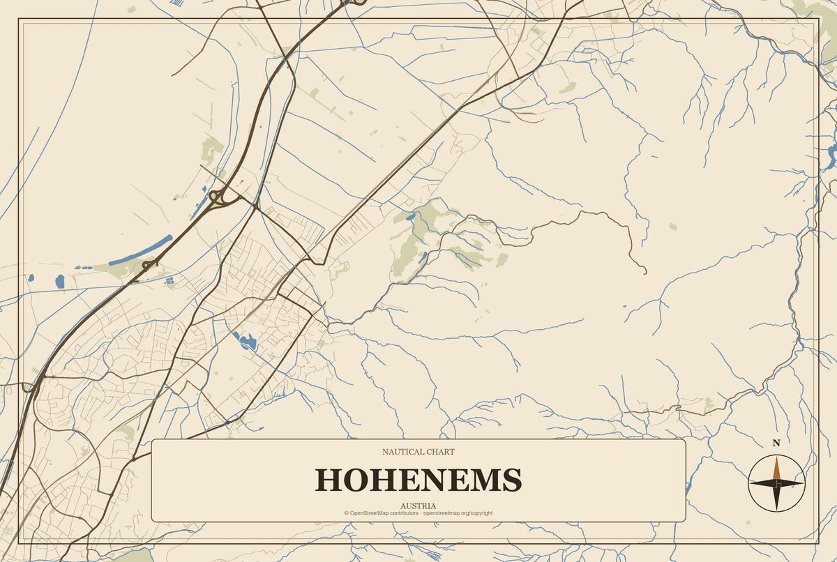 Hohenems, Austria City Map Aluminum Sign in Heritage Nautical style
