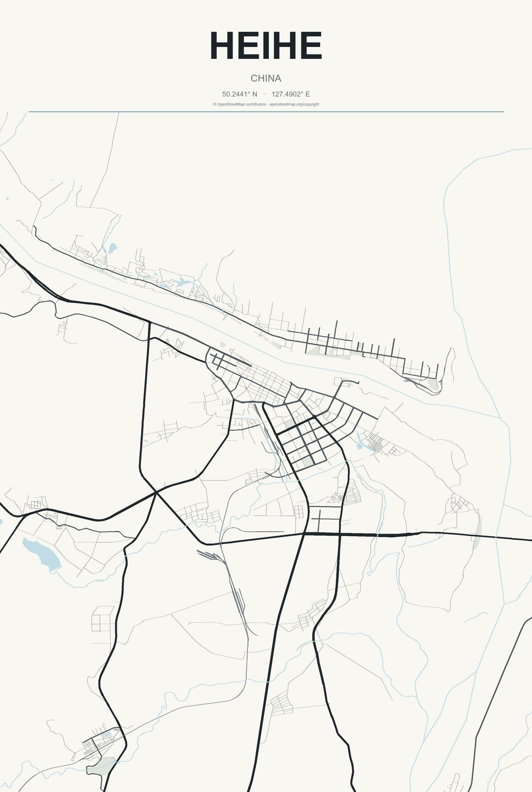 Heihe, China City Map Aluminum Sign in Headline Atlas style