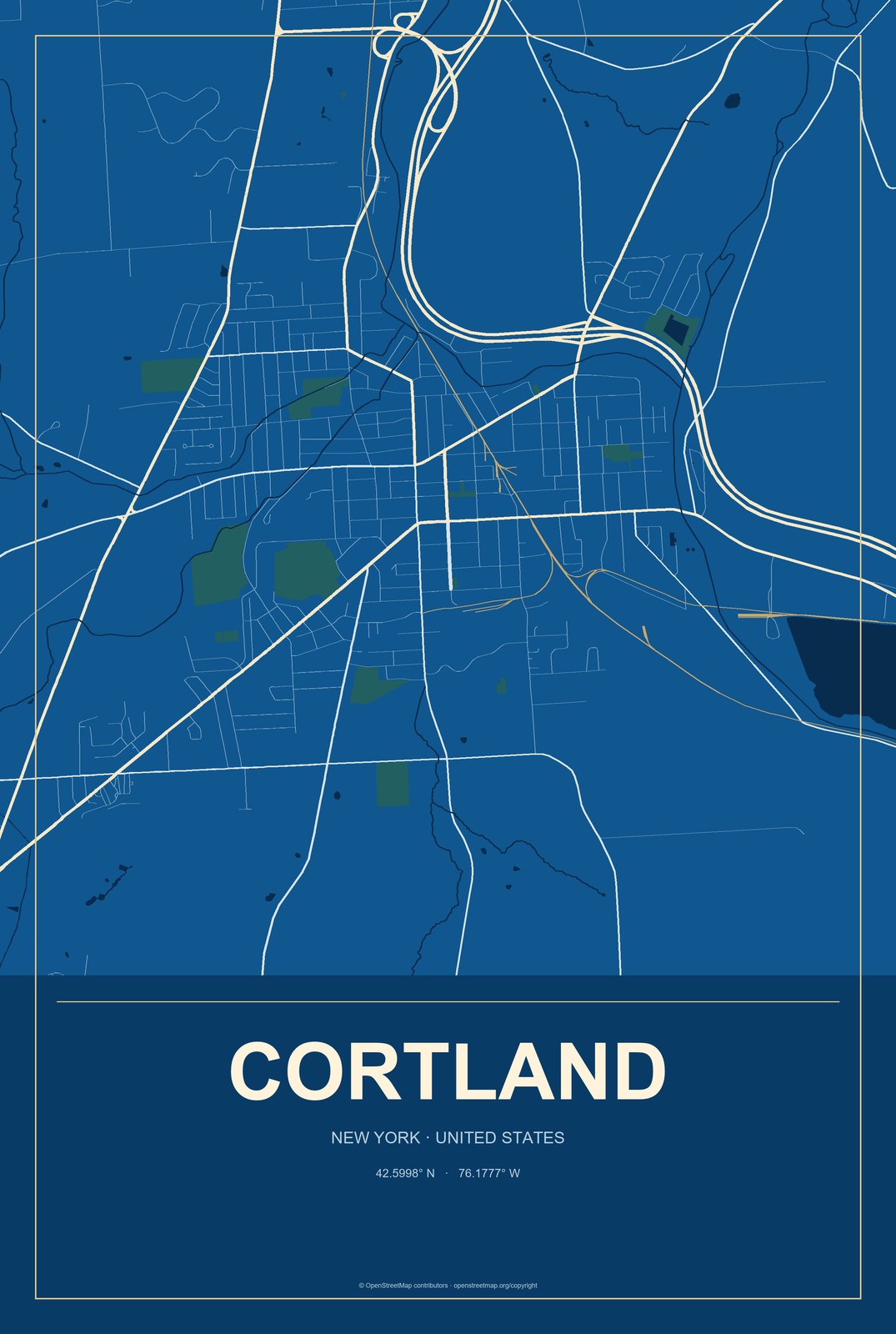 Cortland, New York City Map Aluminum Sign in Harbor Cobalt style