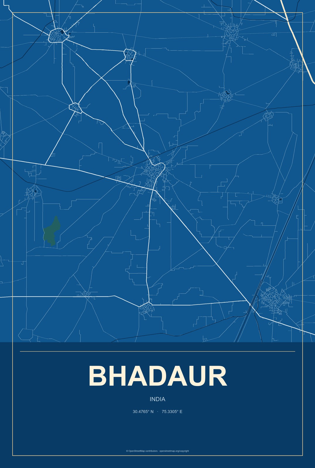 Bhadaur, India City Map Aluminum Sign in Harbor Cobalt style