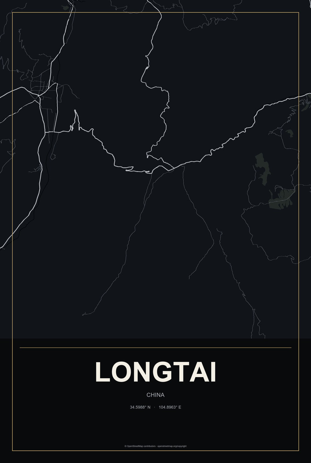 Longtai, China City Map Aluminum Sign in Metropolitan Noir style