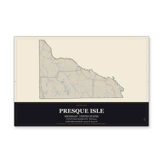 Presque Isle County, Michigan Map Aluminum Sign in Museum Plaque style
