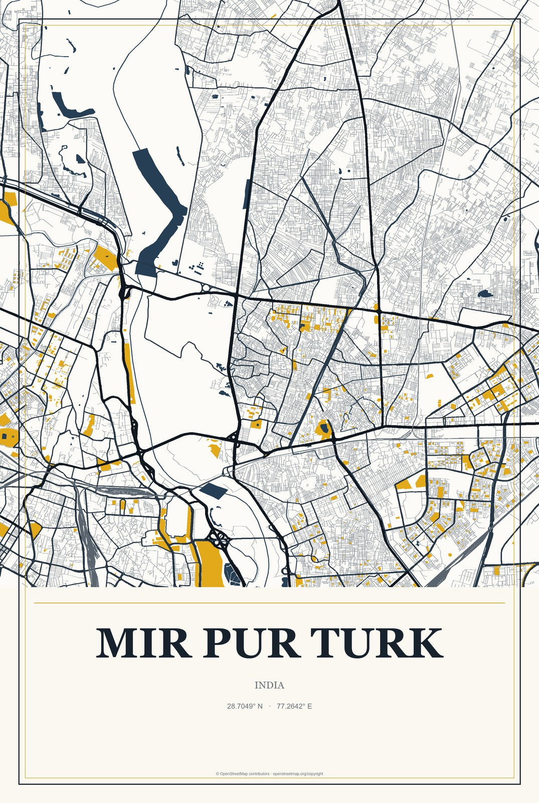 Mir Pur Turk, India City Map Aluminum Sign in Citrine Modern style