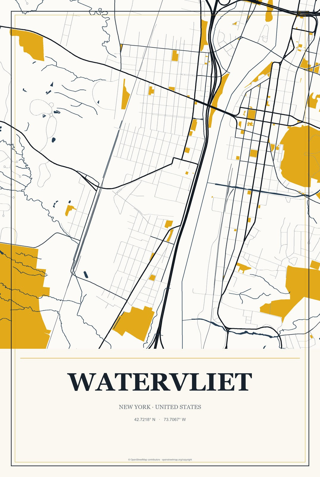 Watervliet, New York City Map Aluminum Sign in Citrine Modern style