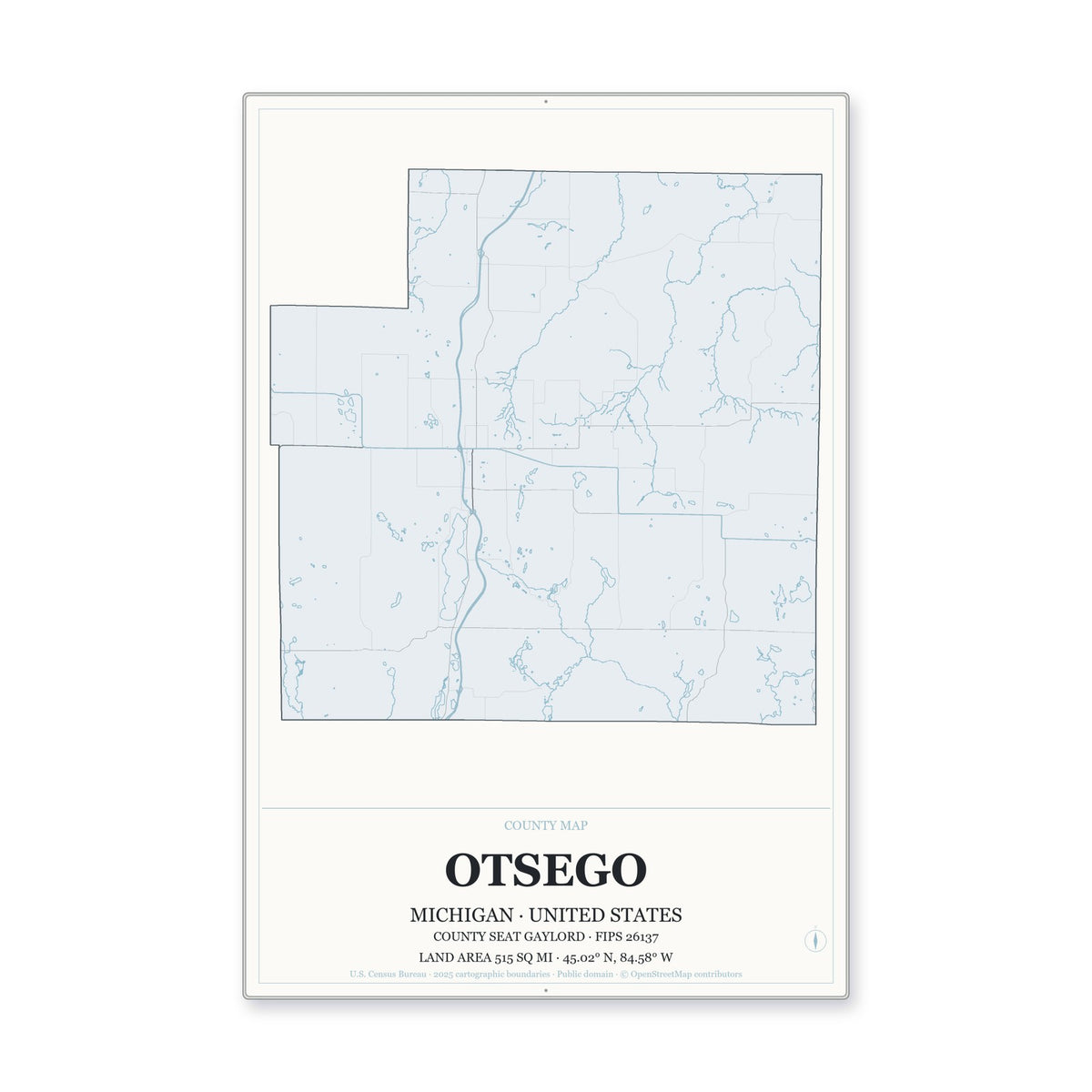 Otsego County, Michigan Map Aluminum Sign in Gallery Air style