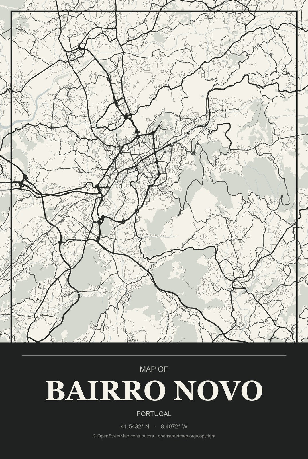 Bairro Novo, Portugal City Map Aluminum Sign in Museum Plaque style