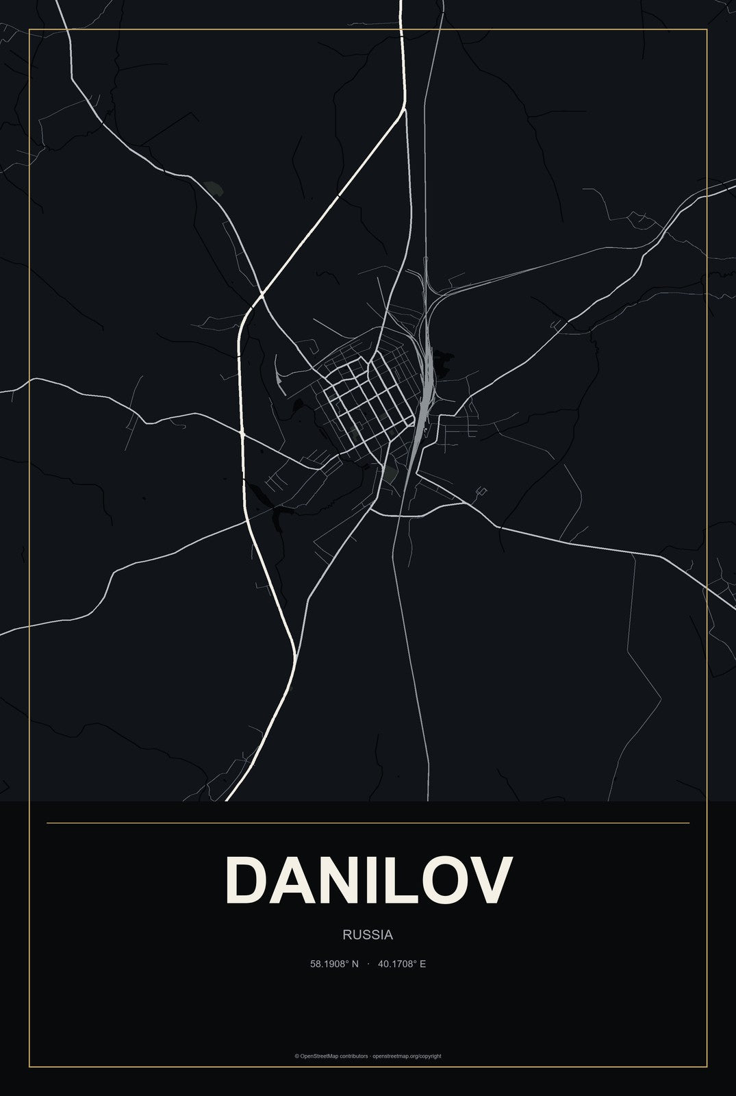 Danilov, Russia City Map Aluminum Sign in Metropolitan Noir style