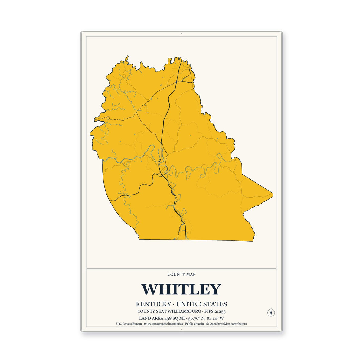 Whitley County, Kentucky Map Aluminum Sign in Citrine Modern style