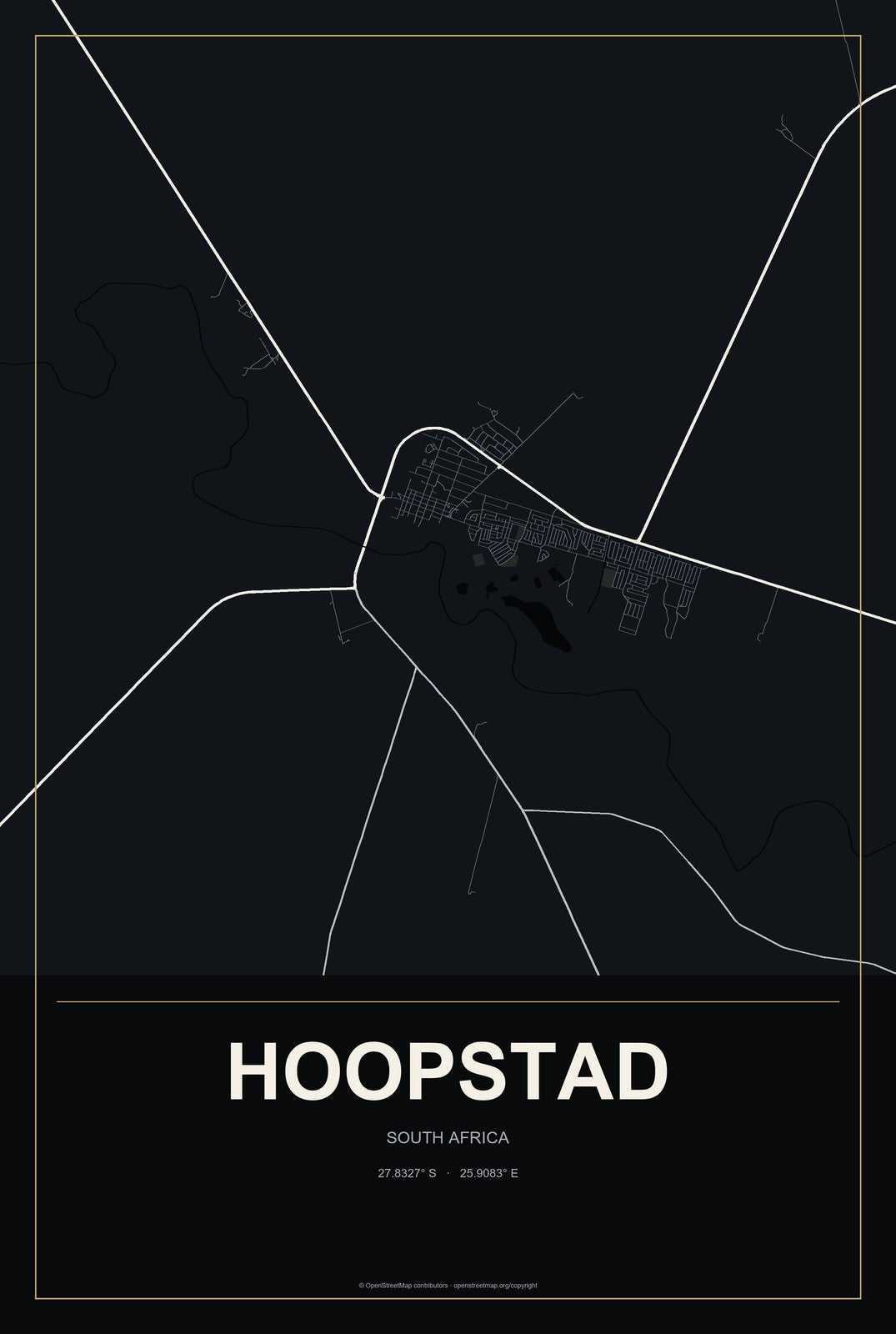 Hoopstad, South Africa City Map Aluminum Sign in Metropolitan Noir style