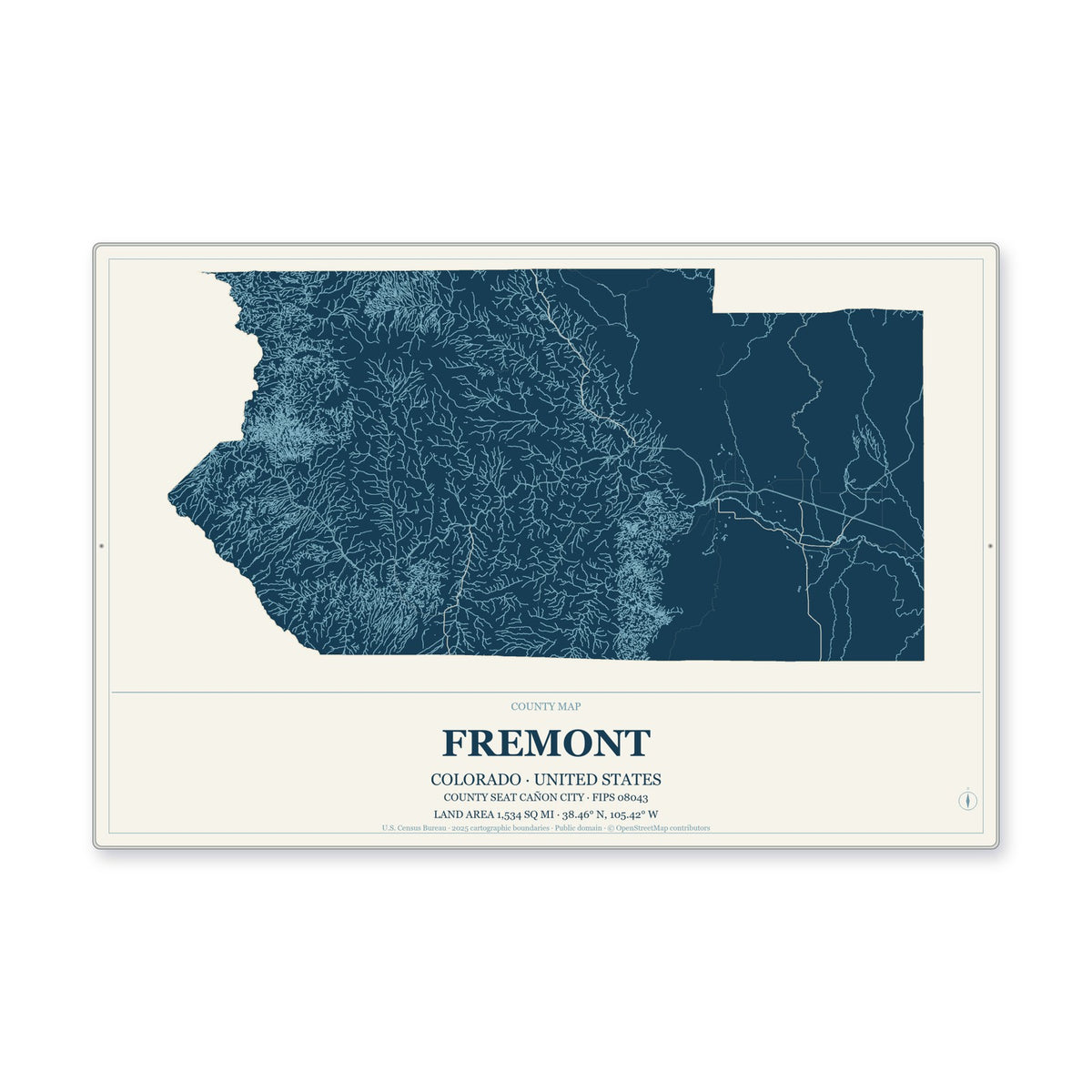 Fremont County, Colorado Map Aluminum Sign in Coastal Cutout style