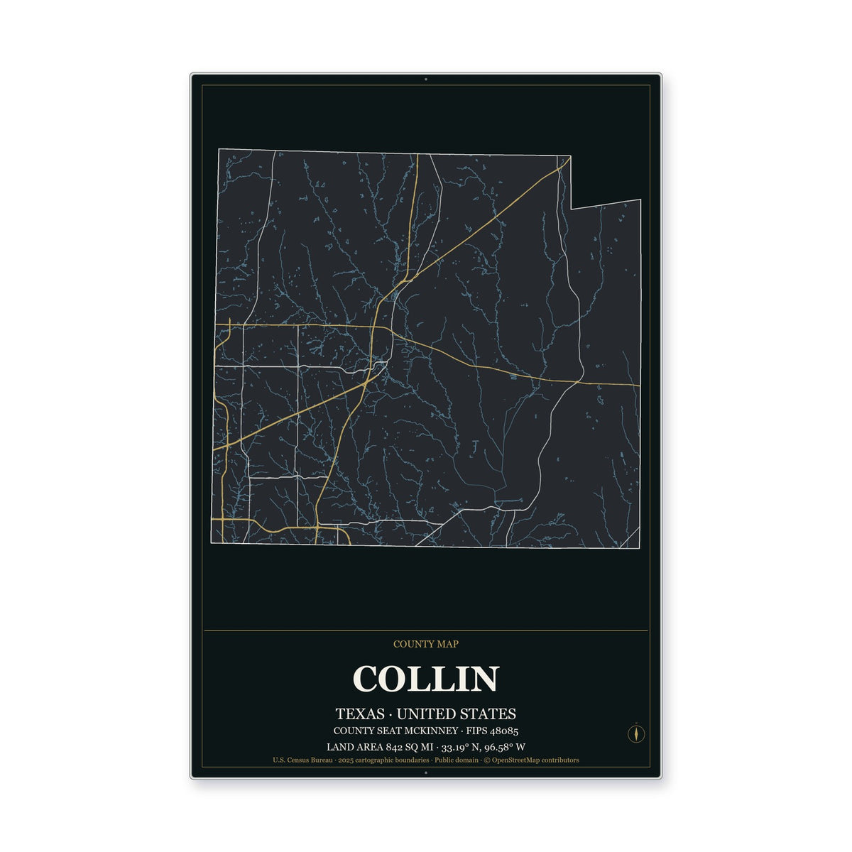 Collin County, Texas Map Aluminum Sign in Metropolitan Noir style