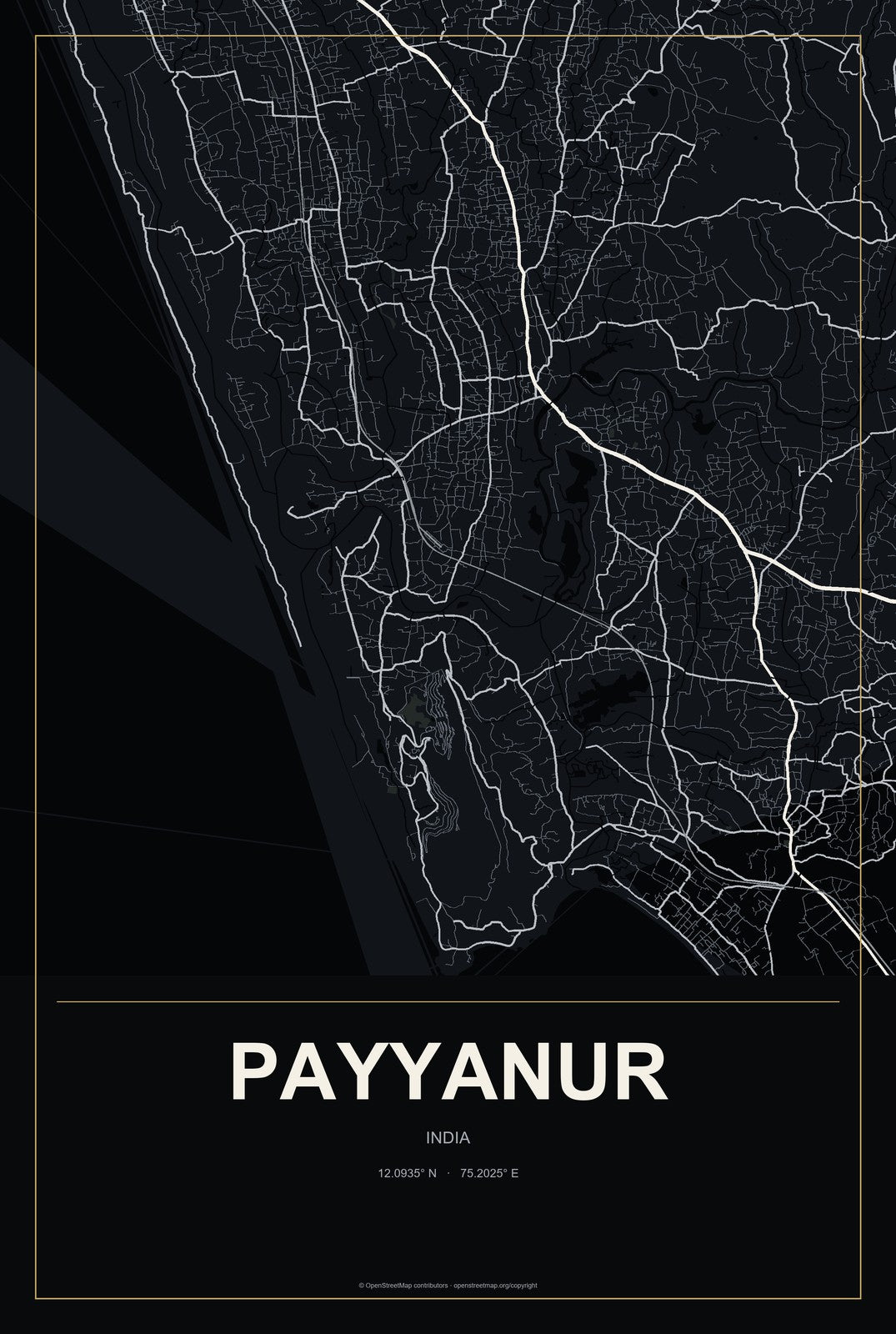 Payyanur, India City Map Aluminum Sign in Metropolitan Noir style
