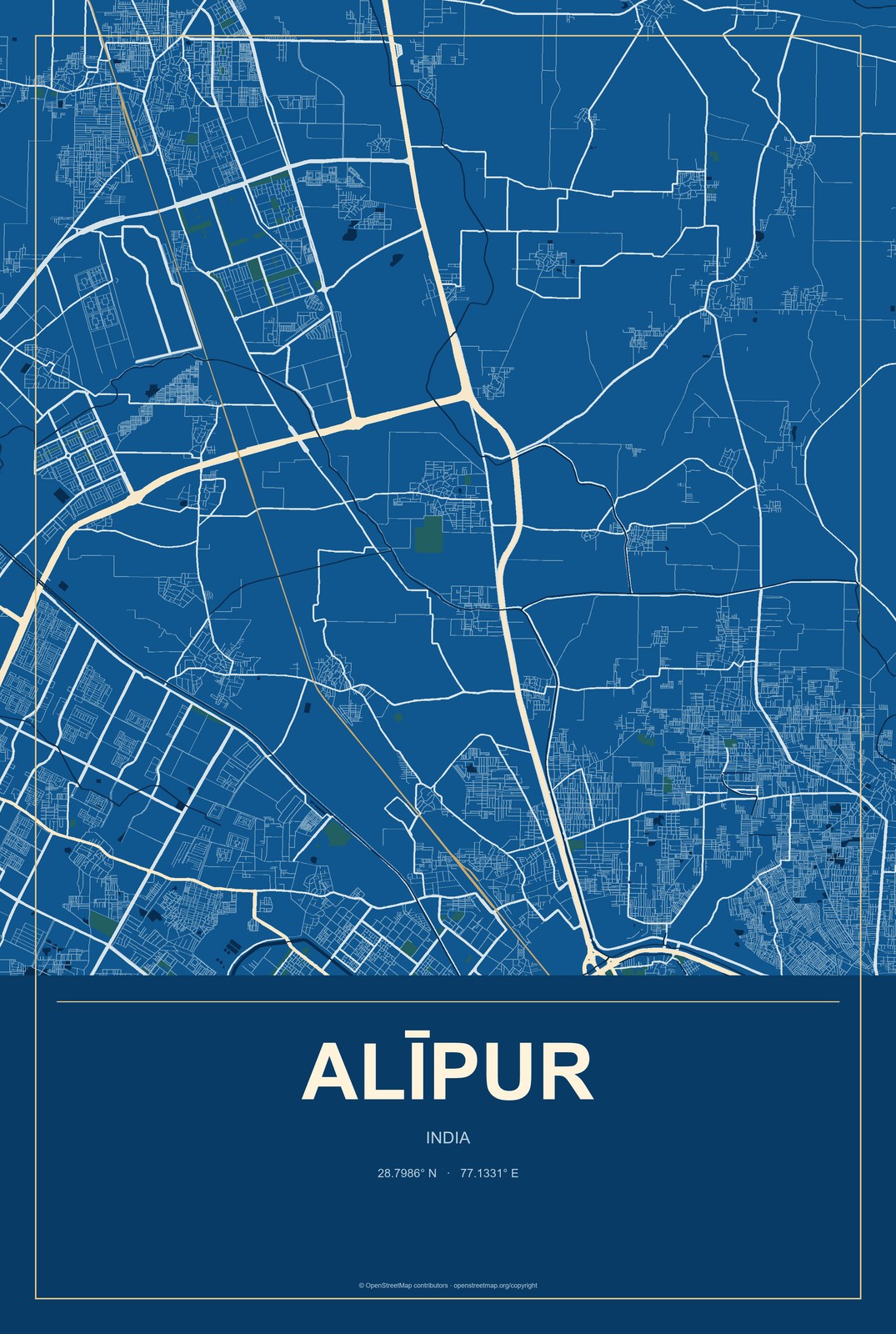 Alīpur, India City Map Aluminum Sign in Harbor Cobalt style