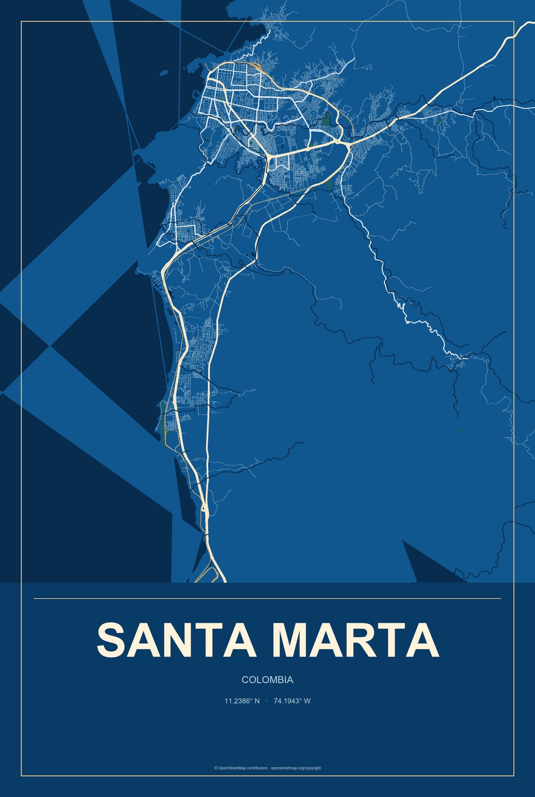 Santa Marta, Colombia City Map Aluminum Sign in Harbor Cobalt style