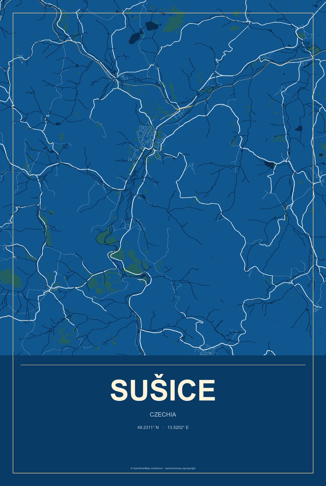 Sušice, Czechia City Map Aluminum Sign in Harbor Cobalt style