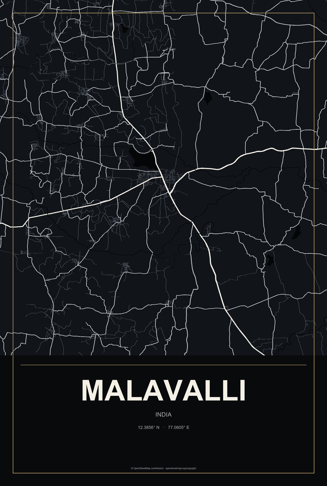 Malavalli, India City Map Aluminum Sign in Metropolitan Noir style