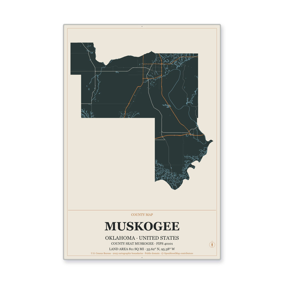 Muskogee County, Oklahoma Map Aluminum Sign in Headline Atlas style