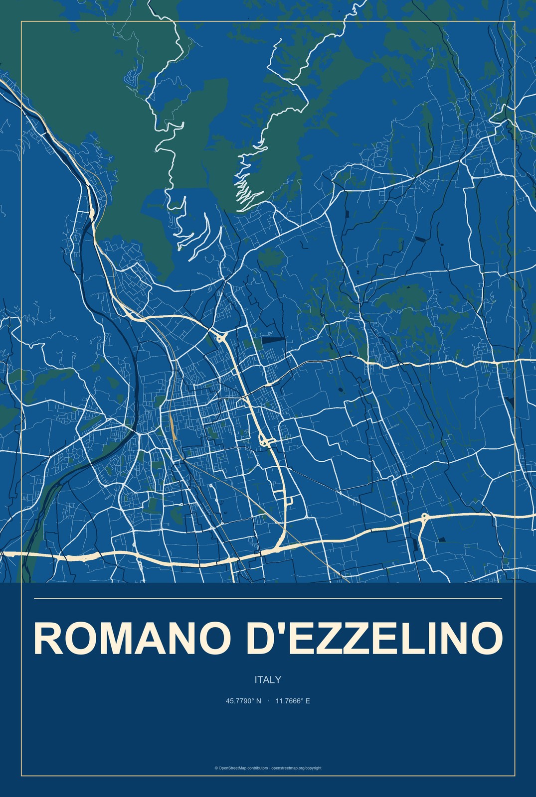 Romano d'Ezzelino, Italy City Map Aluminum Sign in Harbor Cobalt style
