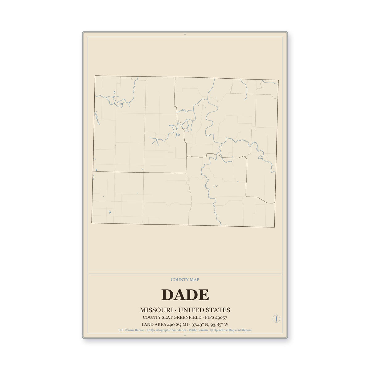 Dade County, Missouri Map Aluminum Sign in Heritage Nautical style