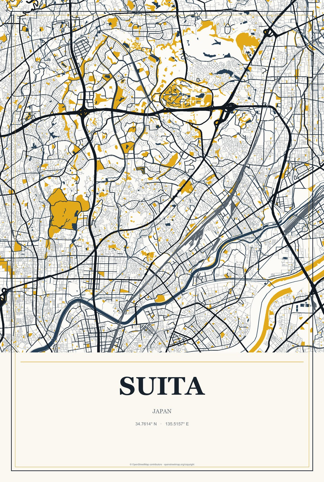 Suita, Japan City Map Aluminum Sign in Citrine Modern style