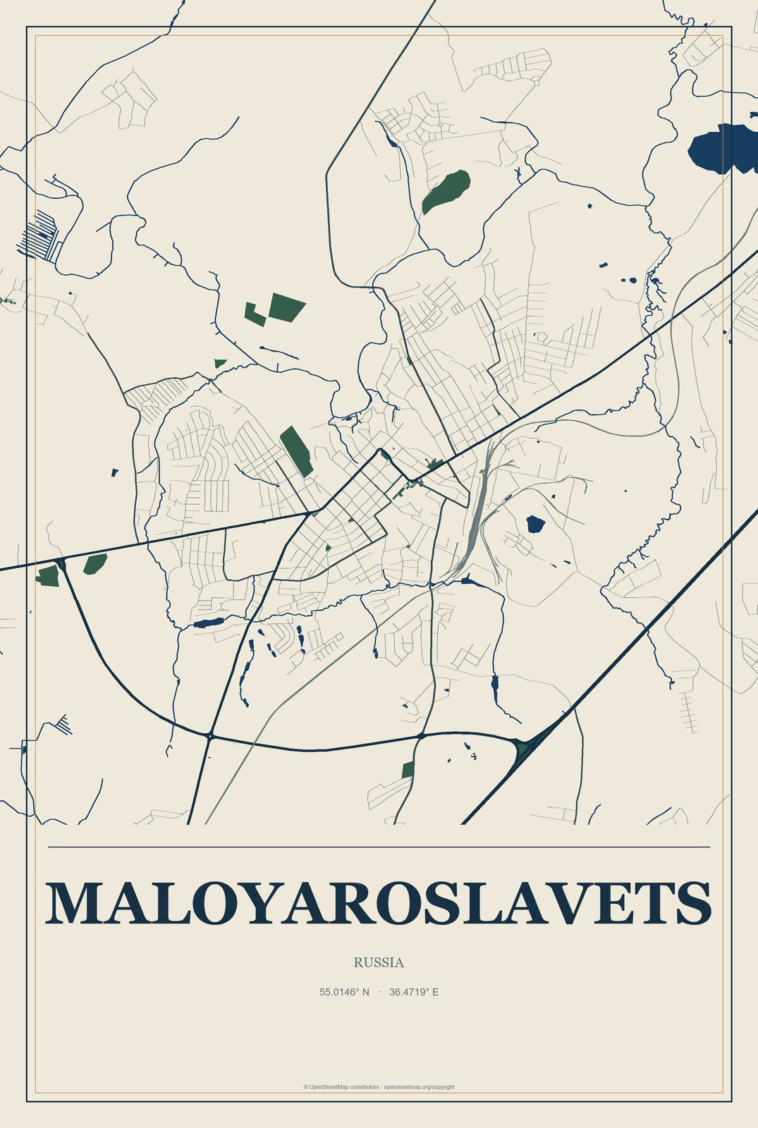 Maloyaroslavets, Russia City Map Aluminum Sign in Coastal Cutout style
