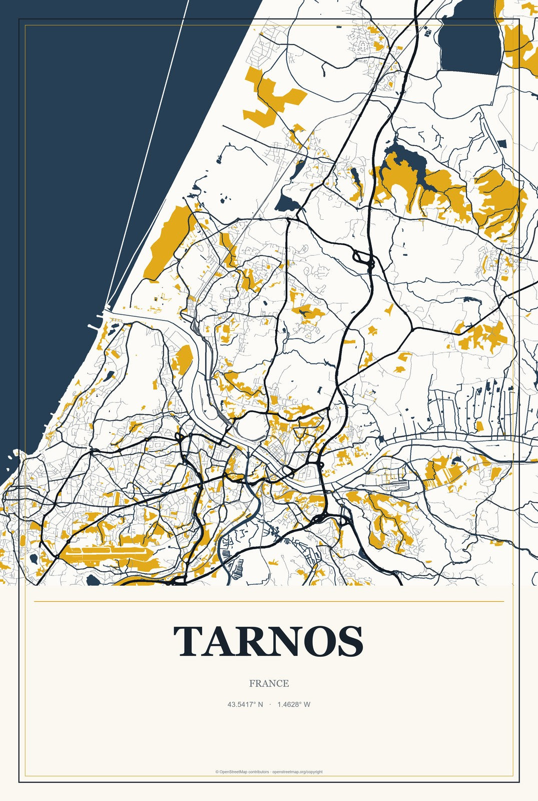 Tarnos, France City Map Aluminum Sign in Citrine Modern style
