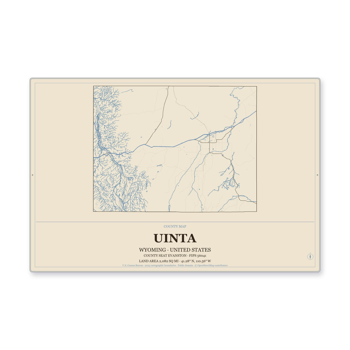 Uinta County, Wyoming Map Aluminum Sign in Heritage Nautical style