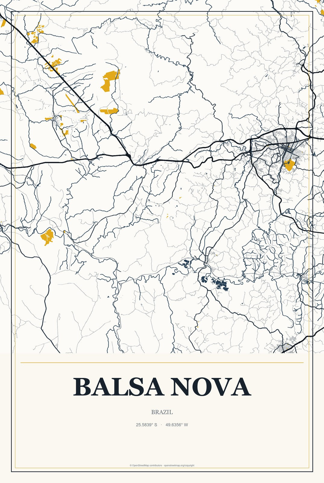 Balsa Nova, Brazil City Map Aluminum Sign in Citrine Modern style