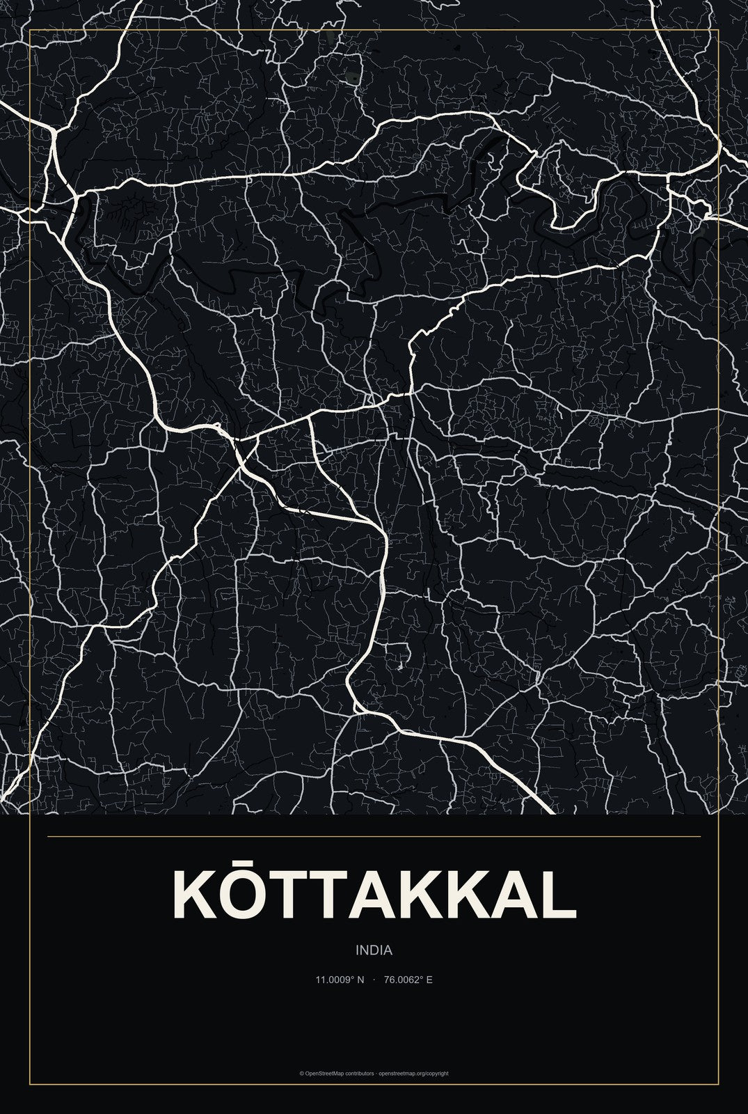Kōttakkal, India City Map Aluminum Sign in Metropolitan Noir style