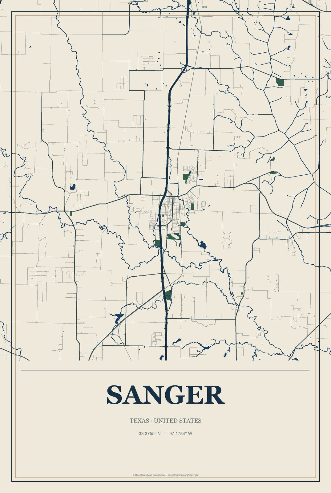 Sanger, Texas City Map Aluminum Sign in Coastal Cutout style