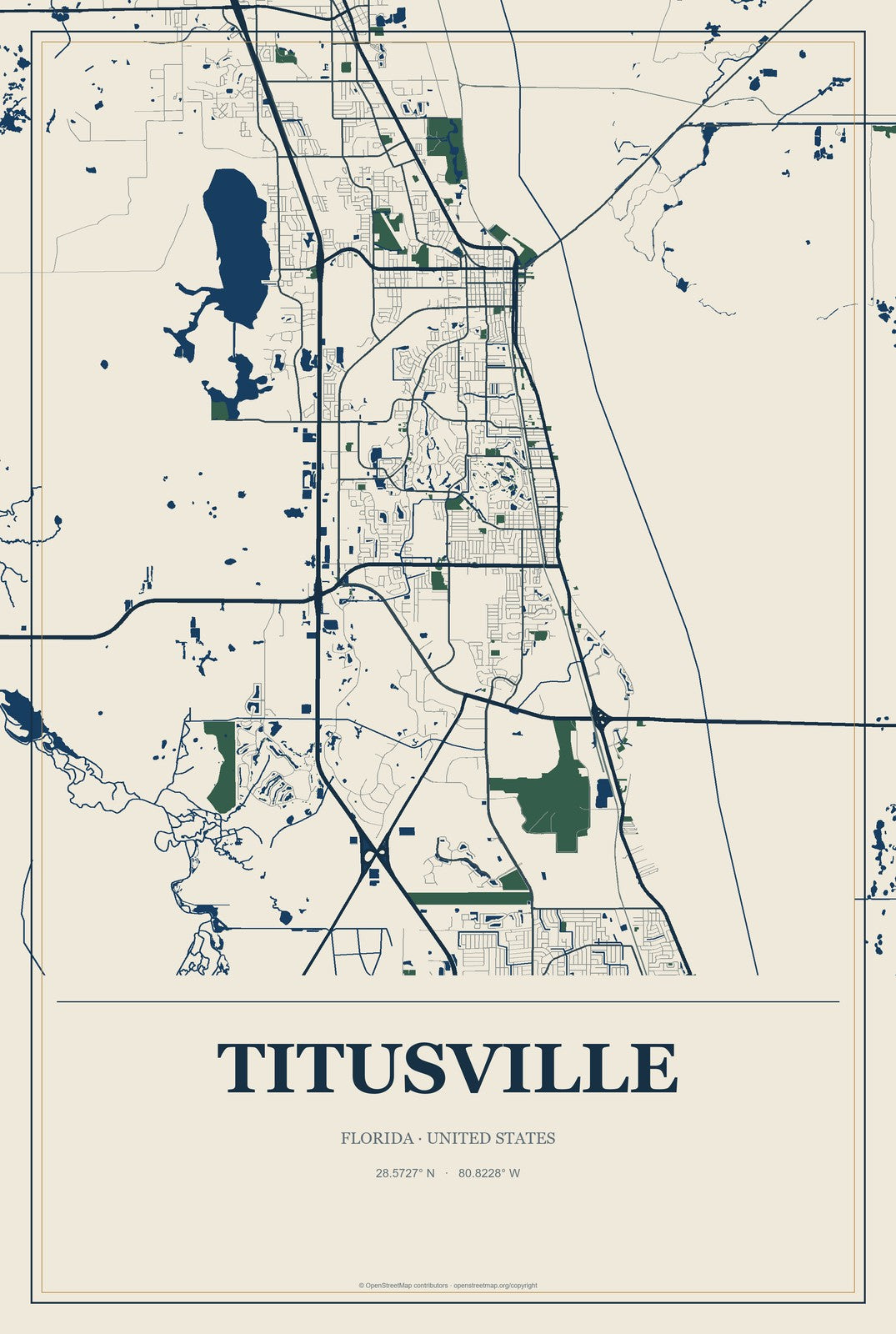 Titusville, Florida City Map Aluminum Sign in Coastal Cutout style