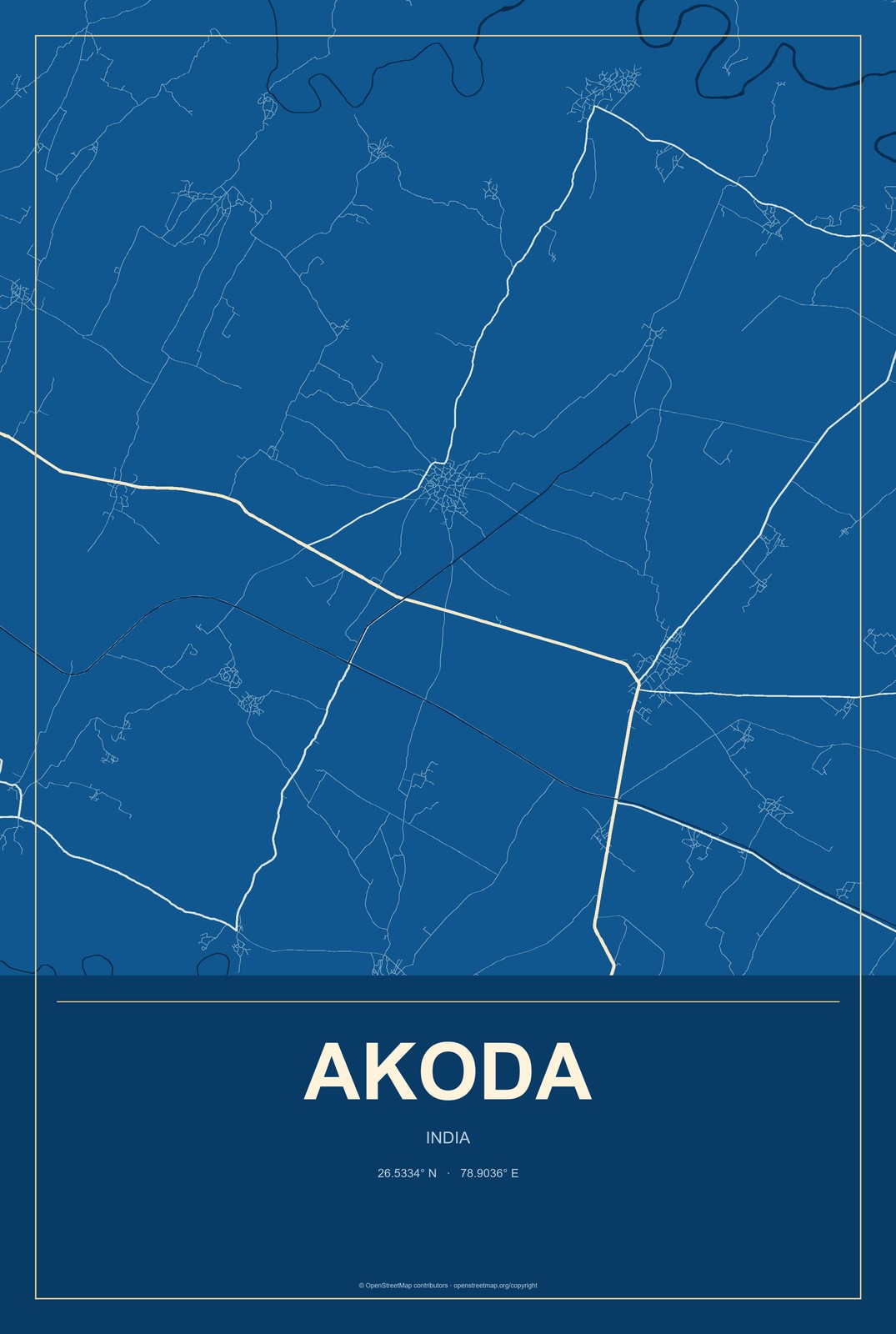 Akoda, India City Map Aluminum Sign in Harbor Cobalt style