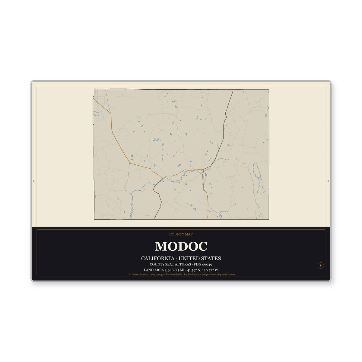 Modoc County, California Map Aluminum Sign in Museum Plaque style