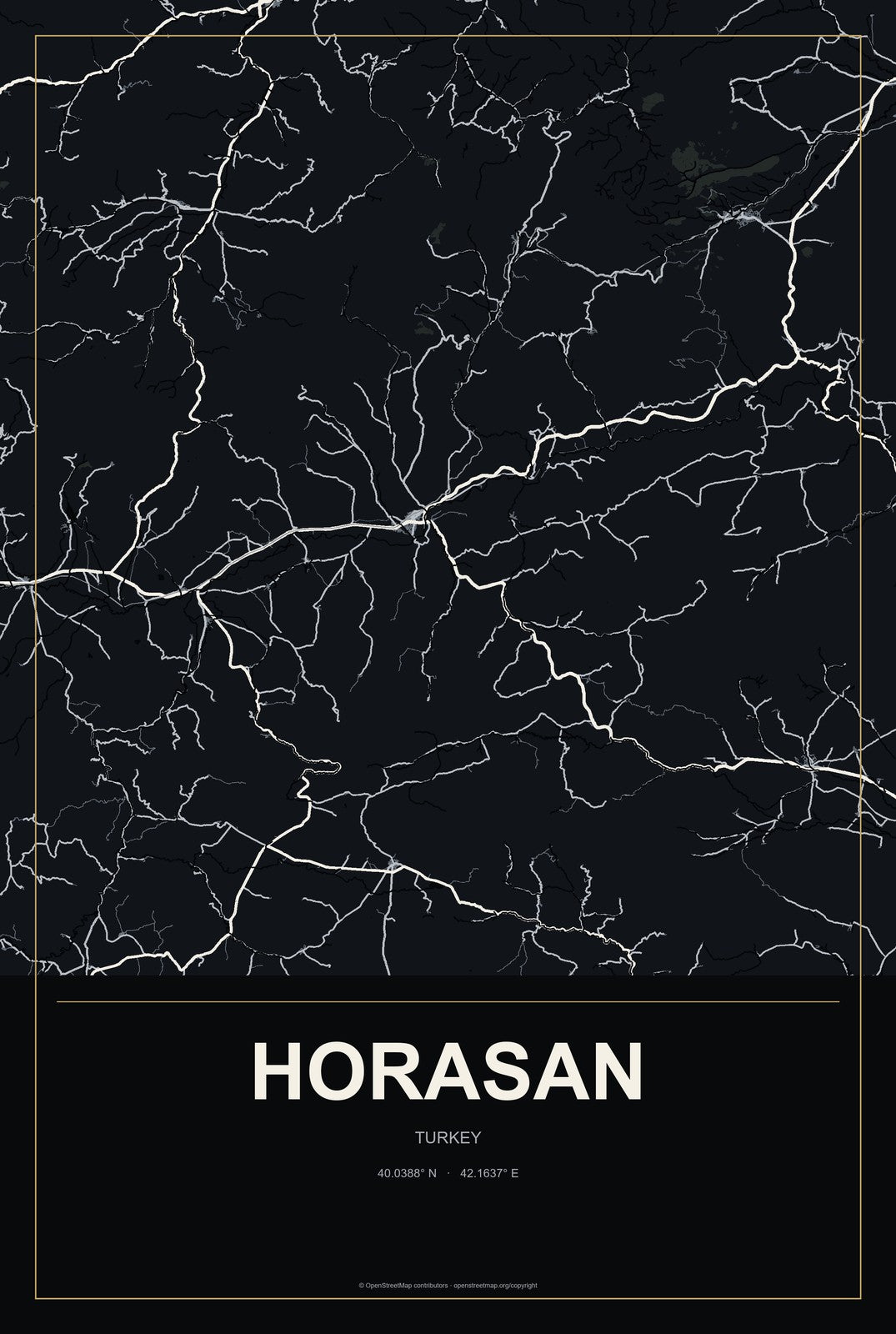 Horasan, Turkey City Map Aluminum Sign in Metropolitan Noir style