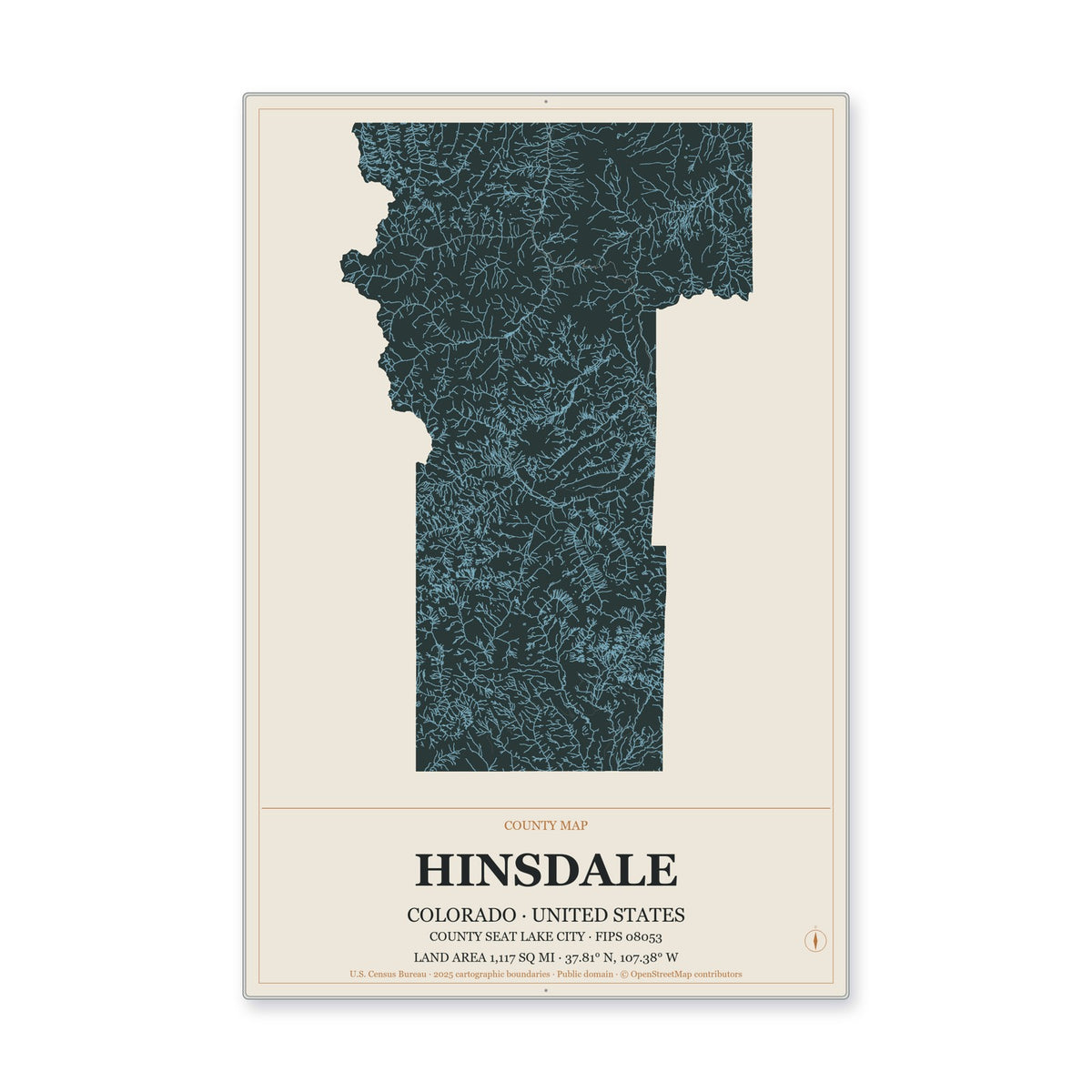 Hinsdale County, Colorado Map Aluminum Sign in Headline Atlas style