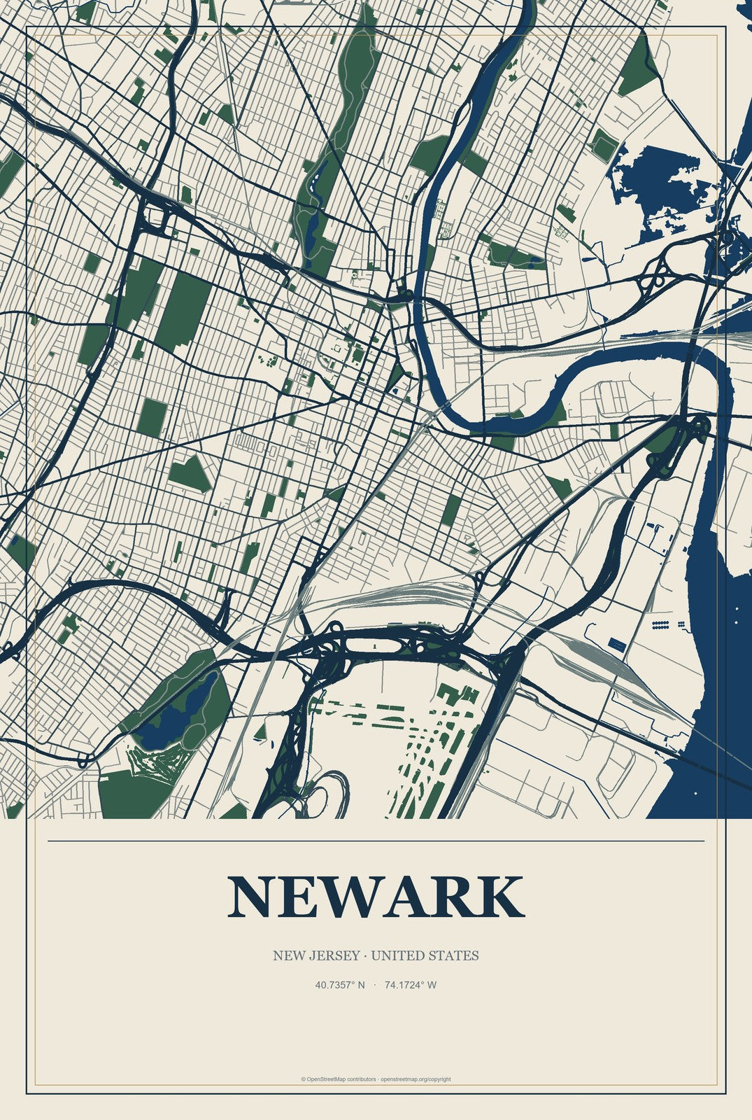Newark, New Jersey City Map Aluminum Sign in Coastal Cutout style