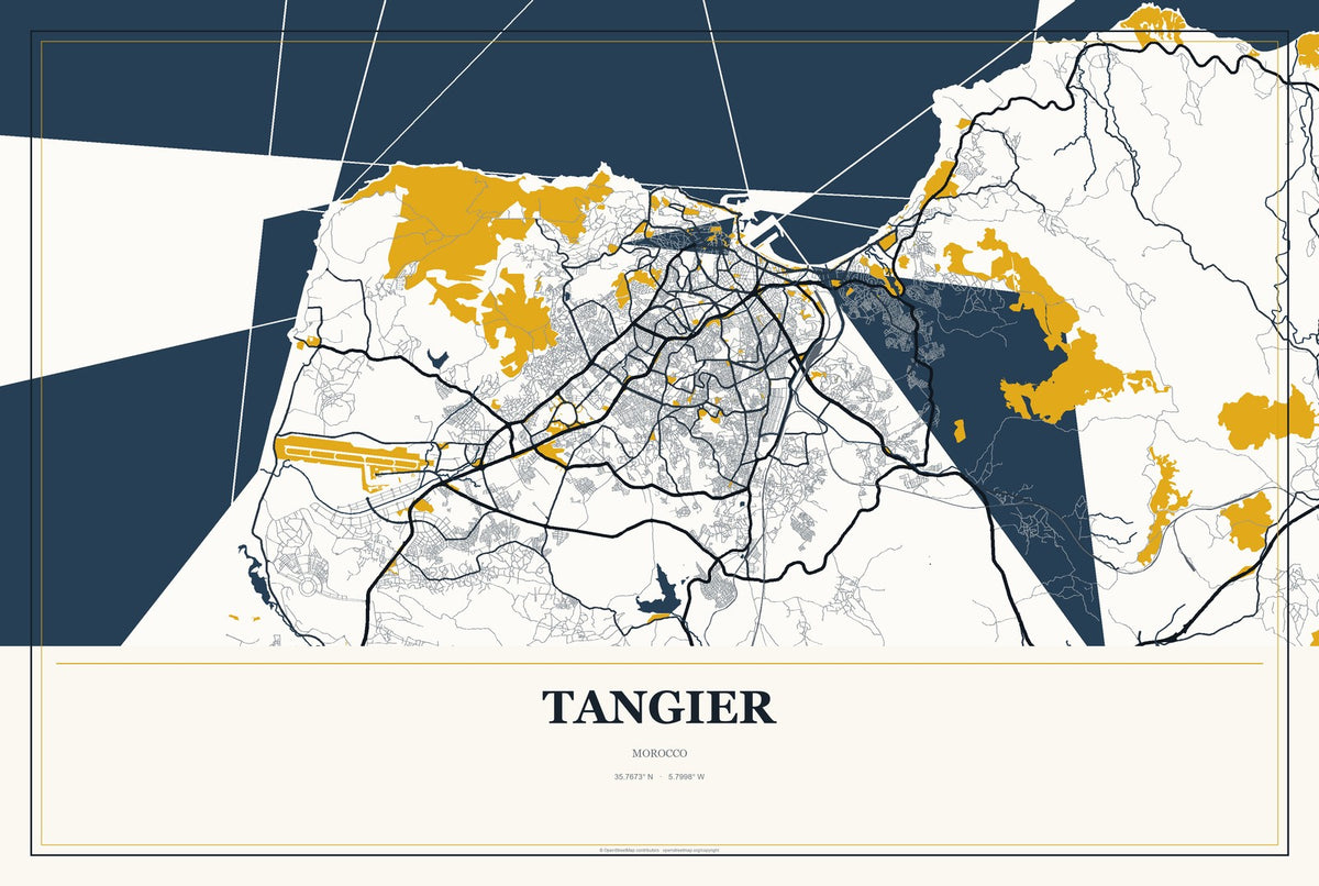 Tangier, Morocco City Map Aluminum Sign in Citrine Modern style