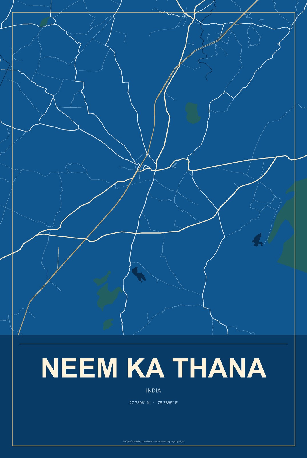 Neem ka Thana, India City Map Aluminum Sign in Harbor Cobalt style