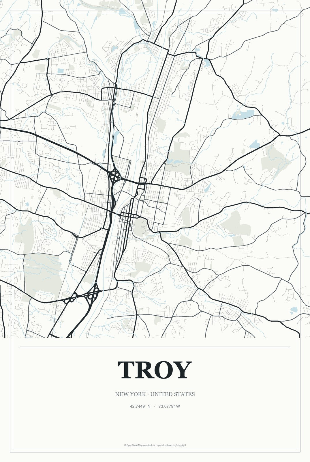 Troy, New York City Map Aluminum Sign in Gallery Air style