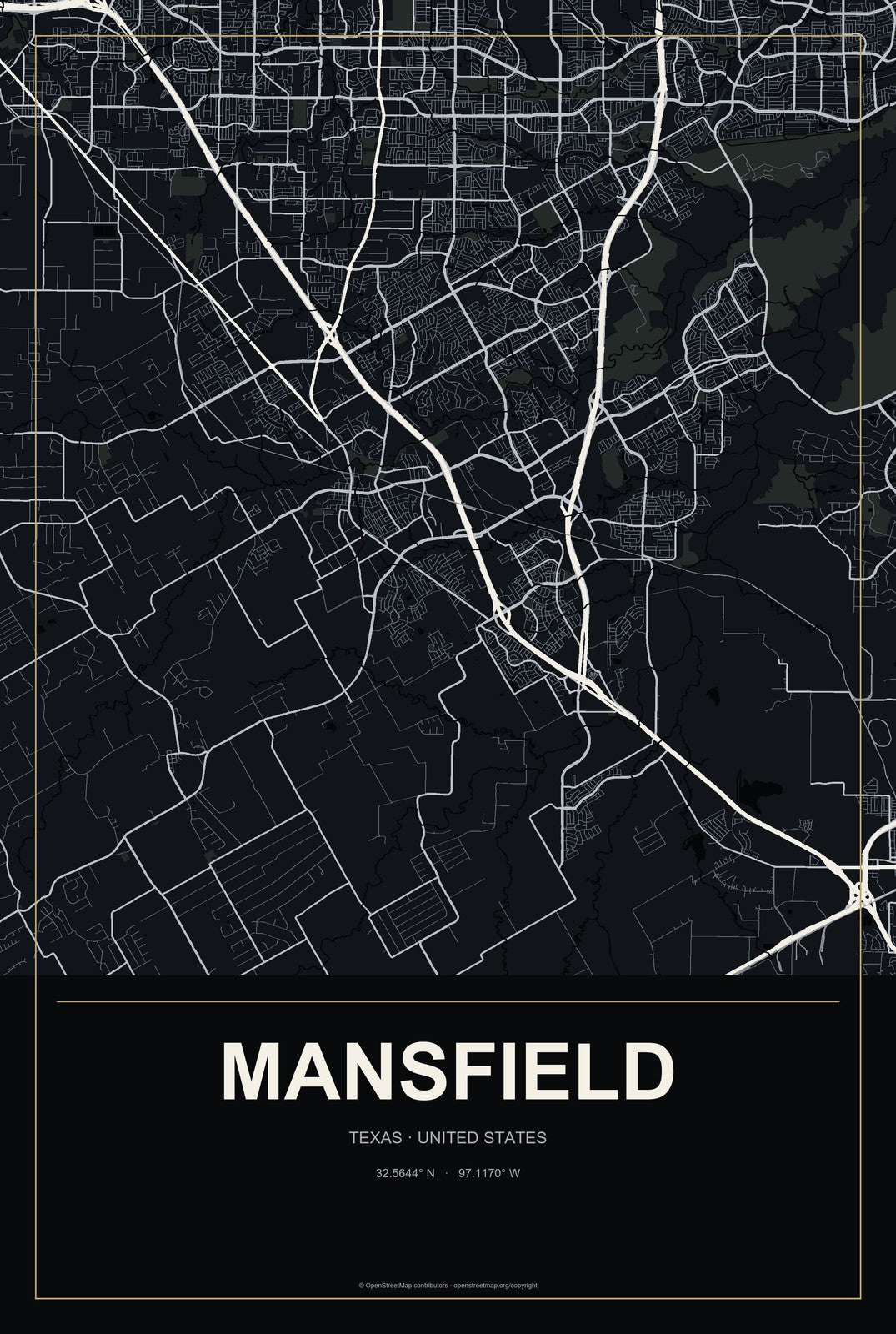 Mansfield, Texas City Map Aluminum Sign in Metropolitan Noir style
