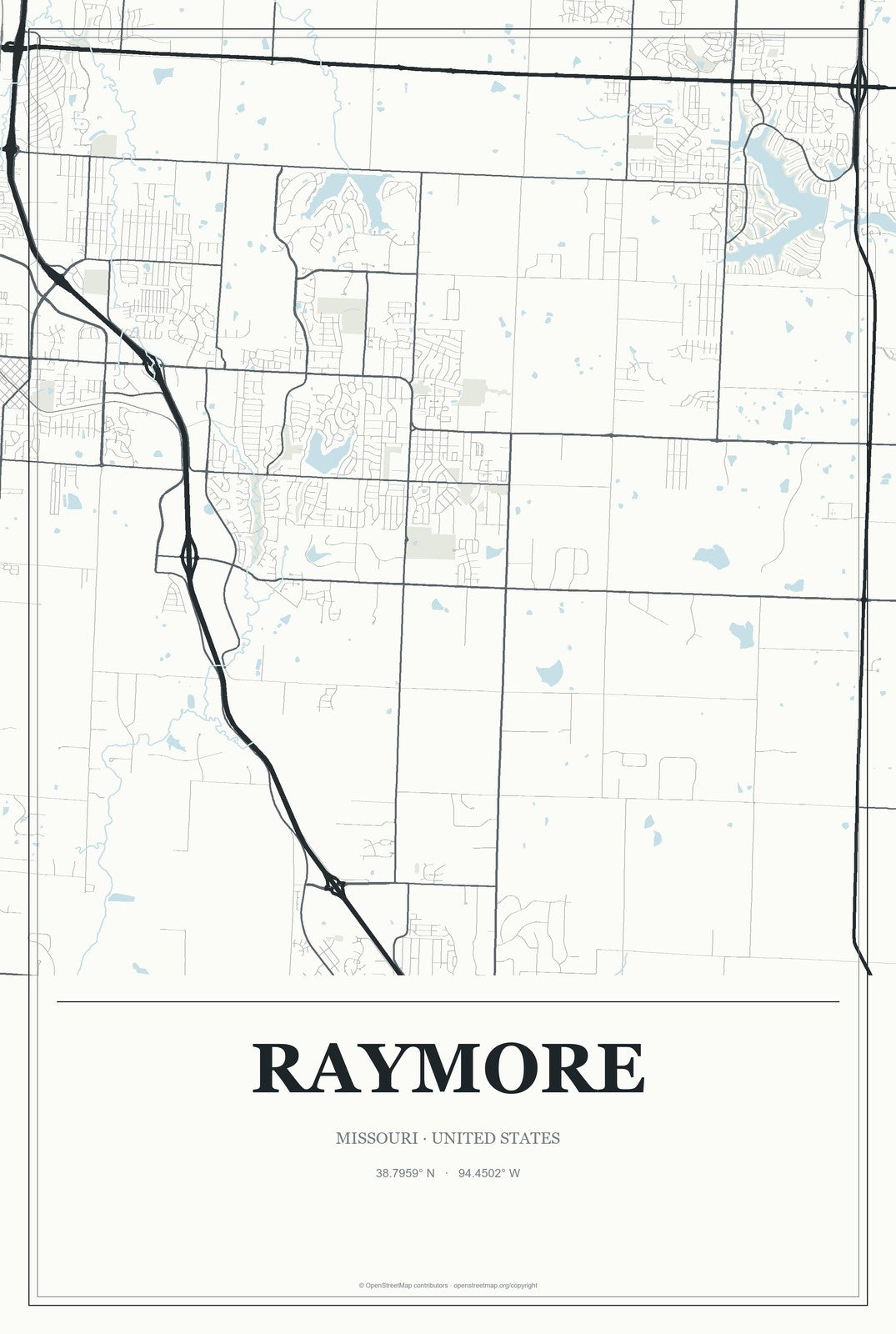 Raymore, Missouri City Map Aluminum Sign in Gallery Air style
