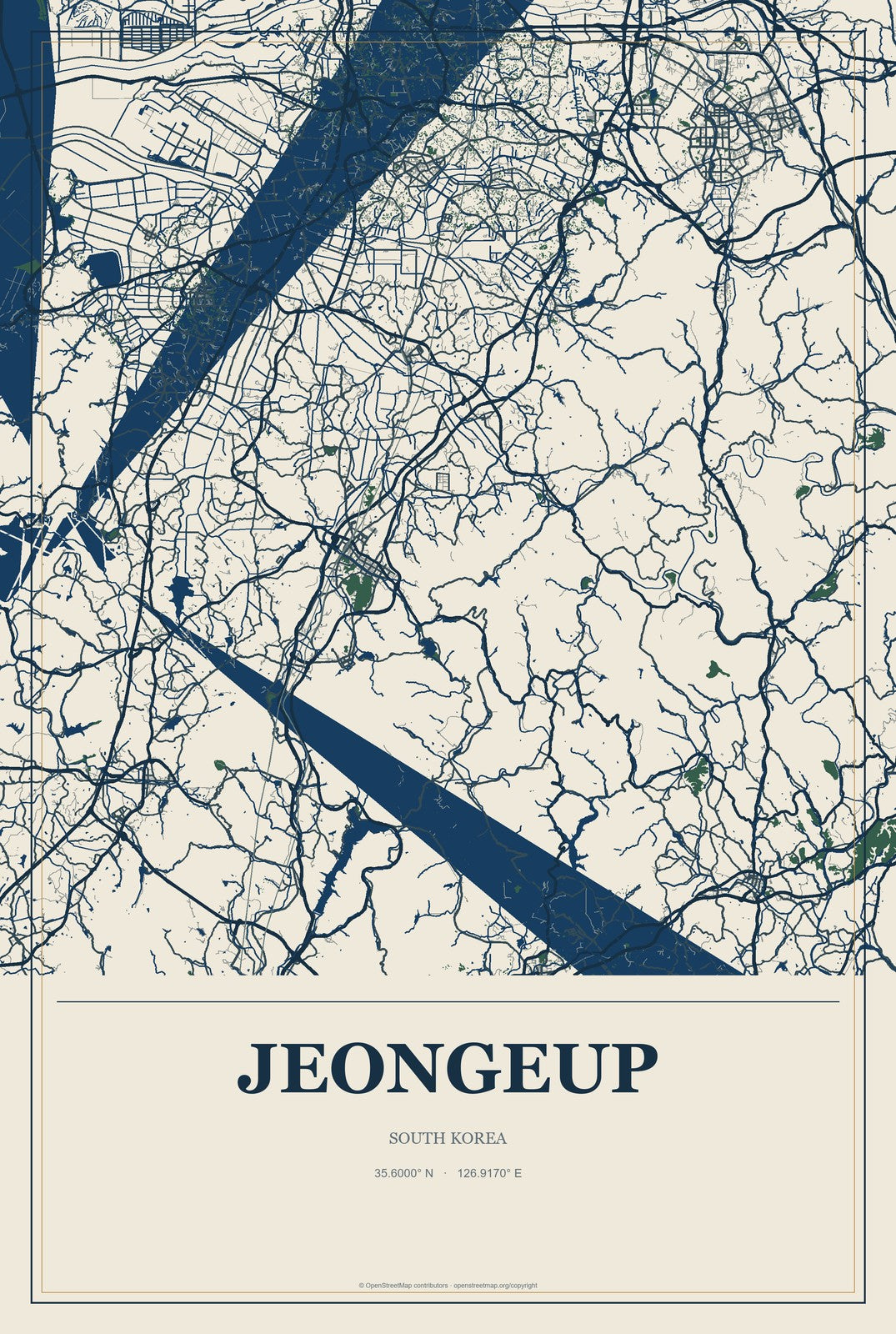 Jeongeup, South Korea City Map Aluminum Sign in Coastal Cutout style
