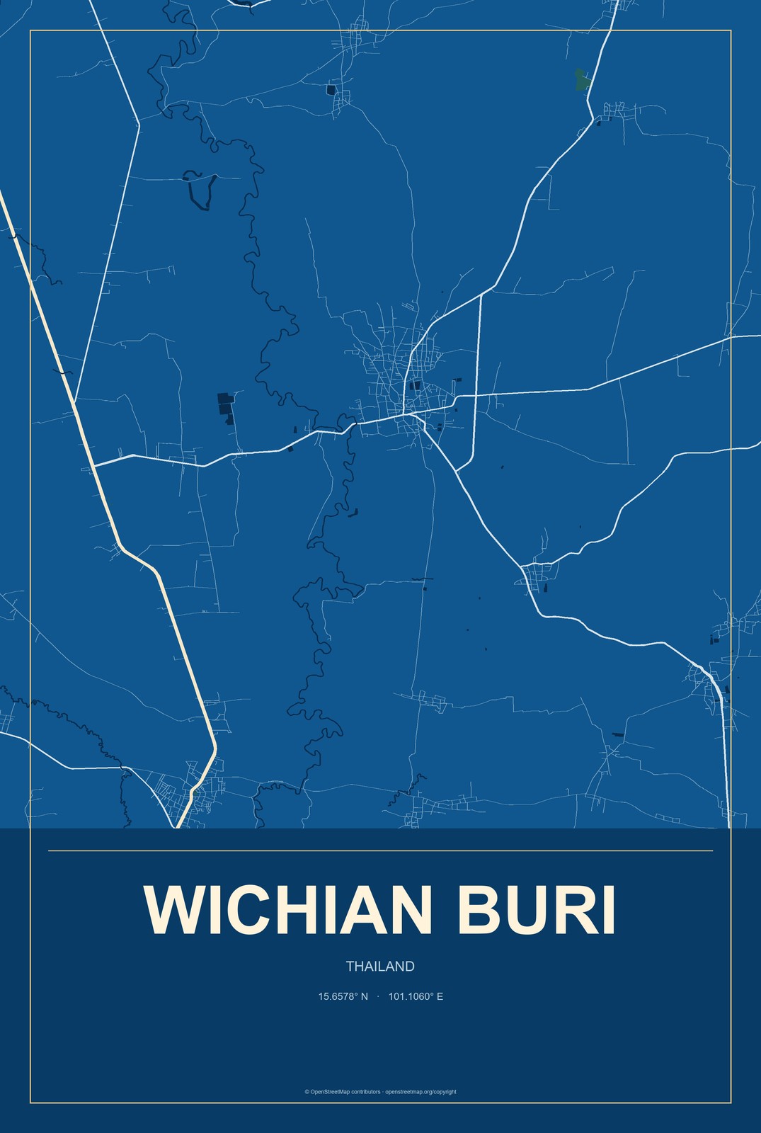 Wichian Buri, Thailand City Map Aluminum Sign in Harbor Cobalt style